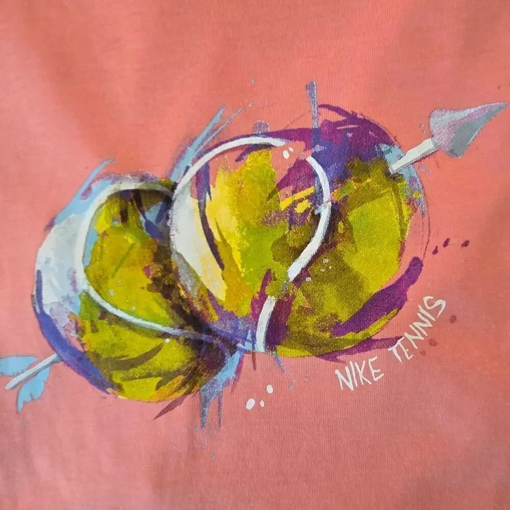 Nike Womens Dri Fit Long Sleeve Peach Tennis Ball Graphic Tee Shirt Large